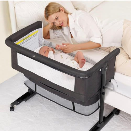 Baby Bassinet, 3 in 1 Bedside Bassinets for Baby, Bassinet Bedside Sleeper with Wheels, Adjustable Height with Rocking Mode, Breathable Mesh, Storage Basket, Easy Assemble & Folding (Dark Gray)