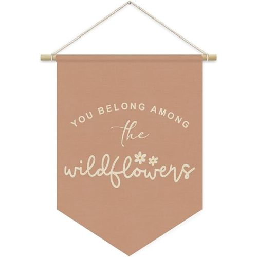 Wildflower Nursery Decor, Girls Room Decor - Wildflower Pink Linen Banner Flag for Little Girl Baby Girl,Wall Hanging Pennant Flag Banner 15x11in