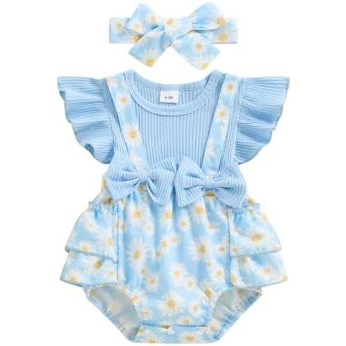 Newborn Baby Girl Outfit Fly Sleeve Floral Romper Dress Headband Infant Cute Summer Clothes Set
