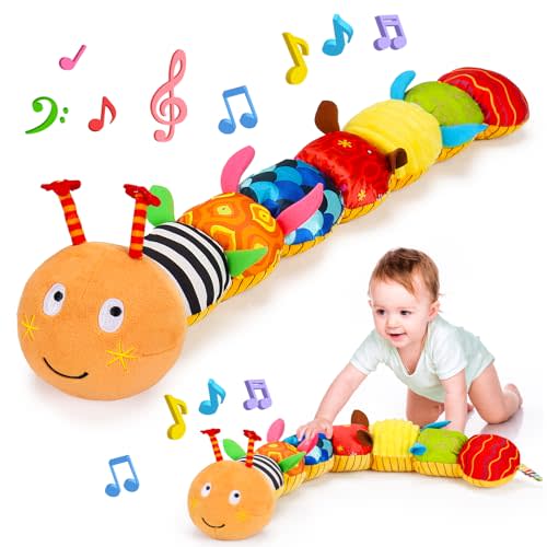 Baby Sensory Caterpillar Toys 0-3 Month Music Animal Stuffed Plush Toy for Infant 0-3-6-12 Month Tummy Time with Crinkle Rattle for Newborn 9-12 Month Texture Toy for Boy Girl Birthday Easter Gifts