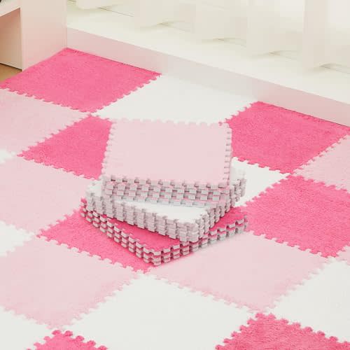 Amylove 36 Pack Plush Foam Floor Mat Square Interlocking Carpet Tiles with Border Fluffy Play Mat Floor Tiles Soft Climbing Rugs for Bedroom Playroom, 12 x 12 x 0.4 in(White, Pink, Rose Red)