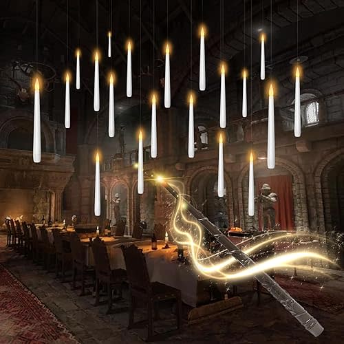 Flameless Floating Candles with Wand,20 Pcs Magic LED Hanging Taper Candles,Flickering Battery Operated Taper Candle with Wand Remote for Halloween Decorations Best Gift(White)