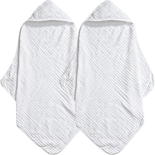david's kids 2 Pack Hooded Baby Towels, 100% Muslin Cotton Baby Bath Towels, Ultra Soft Breathable Absorbent Towels for Infant Toddler and Kids, Newborn Essentials, Large 32x32Inch, White