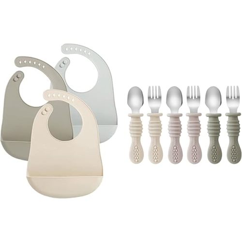 PandaEar Silicone Baby Bibs & 6 Pack Toddler Fork and Spoon Utensil