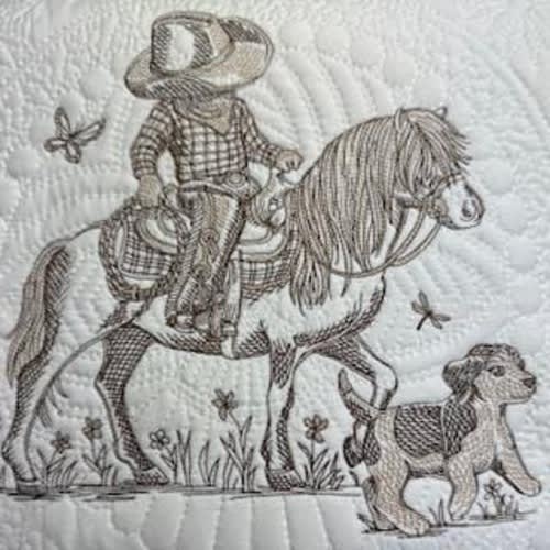 Little Cowboy and His Dog Heirloom Quilt Brown Trim