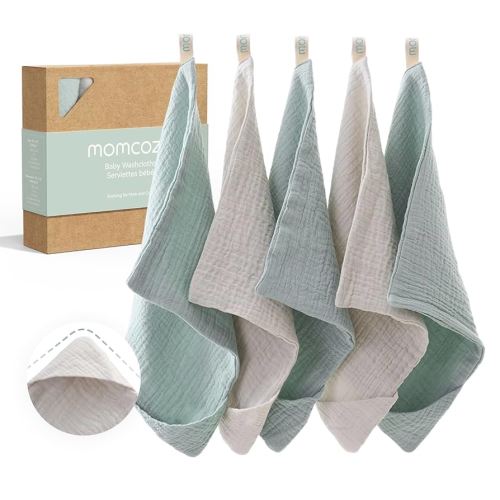 Momcozy Soft & Absorbent Baby Washcloths - 4 Layer Design| Medium Thickness| Premium Cotton for Newborns' Skin-Great for Bathing, Wiping & on-The-go Use, Shower Gift and Essential(5 Pack, 10x10 inch)