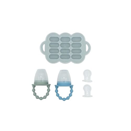 WeeSprout Silicone Baby Food Feeders + Freezer Tray for Batch Prep, Set of 2, Introduce New Foods Safely, Double as Teething Toys, Includes 2 Extra Pouches & Travel Lids, Dishwasher Safe