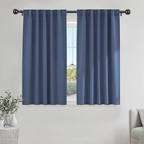 PONY DANCE Blue Room Darkening Curtains 45 inch Length, Window Treatment Panels Back Tab/Rod Pocket Thermal Insulated Short Blackout Curtains for Boy Bedroom, W 42 x L 45 Inches, Blue Haze, 2 Panels