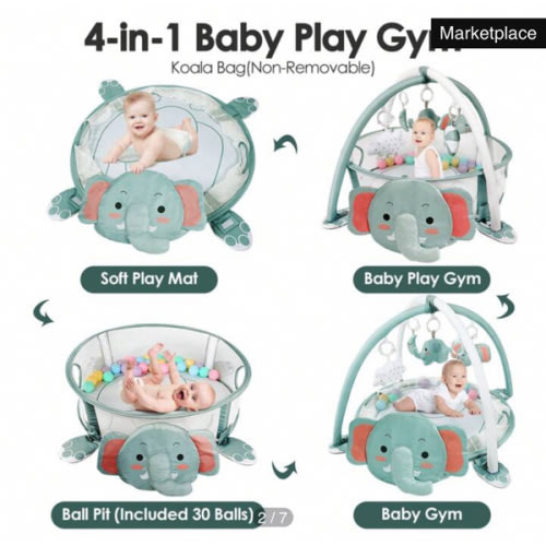 dearlomum 4-In-1 Baby Play Mat Baby Gym,Tummy Time Mat For Floor Activity Gym Ball Pit Including 30 Balls With 5 Infant Learning Sensory Baby Toys For Newborn Toddler Boy & Girl Gifts(Elephant)