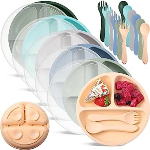 Meanplan 6 Pack Suction Plates with Lids Silicone Baby Plates Toddler Plates Divided Design Stay Put with Suction Feature BPA Free Microwave and Dishwasher Safe Assorted Colors (Mixed Colors)