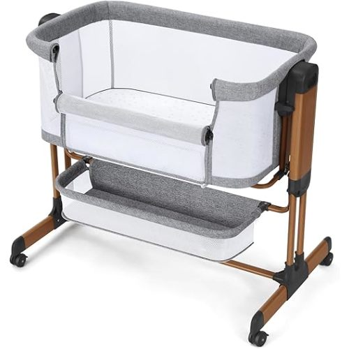 Ezebaby 3-in-1 Baby Bassinet, Rocking Baby Bassinets Bedside Sleeper, Adjustable Portable Crib for Newborn Infant with Wheels Storage Basket and Mesh Sides