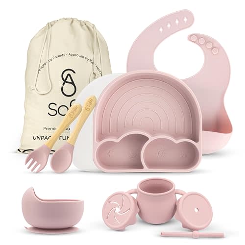 SofiAl All In One Silicone Feeding Set - Safe for 6-12 Months - Non-Toxic Baby Led Weaning Supplies - Toddler Self Feeding Utensils - BPA-Free - Mess Free Essentials