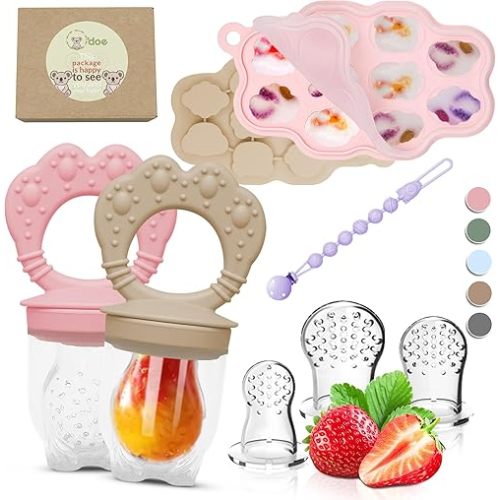 O’doe Silicone Baby Popsicle Molds & 2 Baby Food Feeders with 1 Clip, 2-Pack Freezer Tray with Lid, 10-Hole Popsicle Molds for Teething Relief, Includes 3 Extra Pacifiers, BPA Free (Pink + Beige)