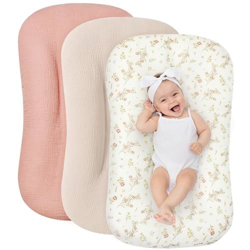 WNATN Muslin Baby Lounger Cover 3 Pack,100% Cotton Newborn Lounger Cover,Newborn Nursery Essentials,Breathable Soft Lounger Protectors(Covers Only