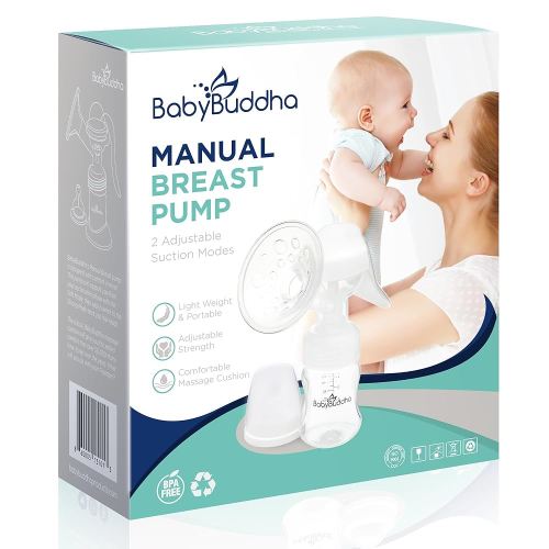BabyBuddha Manual Breast Pump, Single Hand Expression Breastmilk Pump, Cordless and Portable, No Batteries or Power Needed, Soft Silicone Massage Cushion, BPA Free, Quiet, Dishwasher Safe, 1 Pack