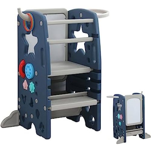 UNICOO Multifunctional Kids Step Stool with Double Safety Rails, Height Adjustable, Toddler Tower for Kitchen Countertop and Bathroom with Big Drawing Board & Games (OMLT-Dark Blue)