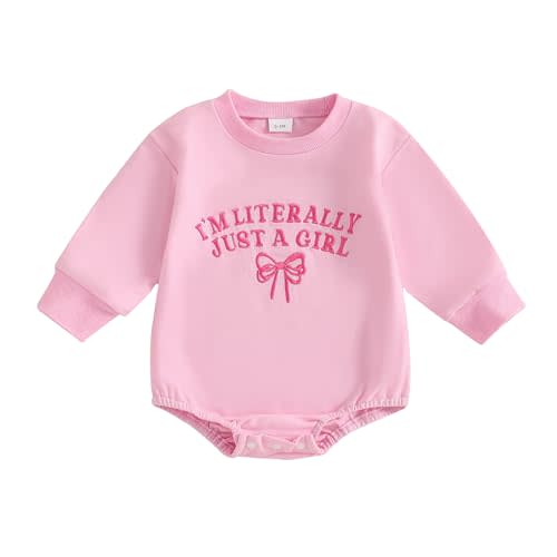 AHUGHAUE Newborn Baby Girl Outfit I'm Literally Just A Girl Bow Embroidery Sweatshirt Bubble Romper Cute Long Sleeve Bodysuit