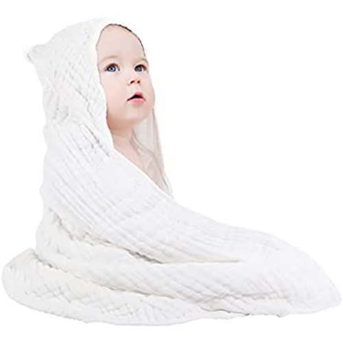 Yoofoss Baby Bath Towel 100% Muslin Cotton Hooded Baby Towels Large 32x32Inch Soft and Absorbent for Babies, Infant and Toddler, Newborn Essential for Boys Girls (White)
