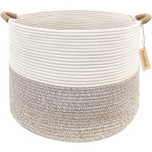 Large Cotton Rope Woven Laundry Basket (20"x14"), Blanket Basket for Living Room, Wicker Laundry Basket with Handle, Clothes Hamper, Round Storage Basket for Clothes, Hamper for Bedroom Aesthetic