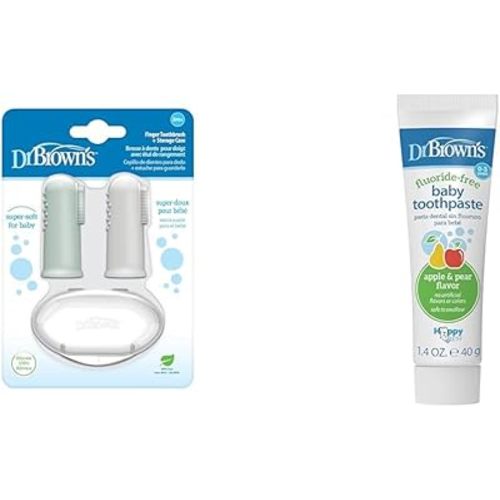 Dr. Brown's Silicone Finger Toothbrush for Baby with Travel-Storage Case, 3m+, Gray and Light Green, 2-Pack & Fluoride-Free Baby Toothpaste, Safe to Swallow, Apple Pear, 1-Pack, 1.4oz/40g, 0-3 Years