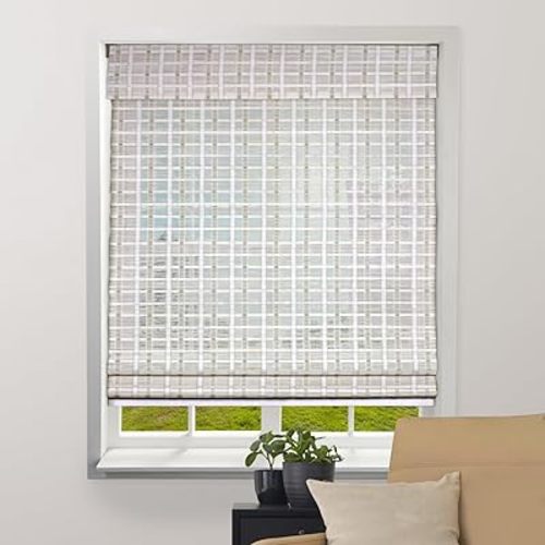 ARLO BLINDS Sheer Bamboo Roman Shades with Valance - Whitewash, 34.5" W x 60" H - Light Filtering Cordless Blinds for Interior Windows - Real Natural Bamboo Material - Mounting Hardware Included