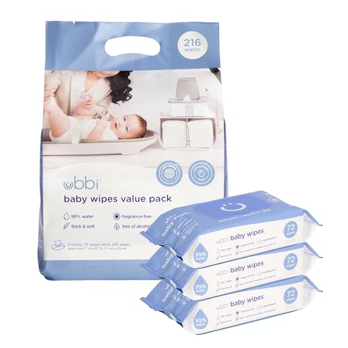 Ubbi Fragrance-Free Baby Wipes, 99% Water Based, Plant Based Wipes, Hypoallergenic for Sensitive Skin with Chamomile, Vitamin E & Aloe, EWG Verified, Value Pack, 3 Pack (216 Wipes Total)