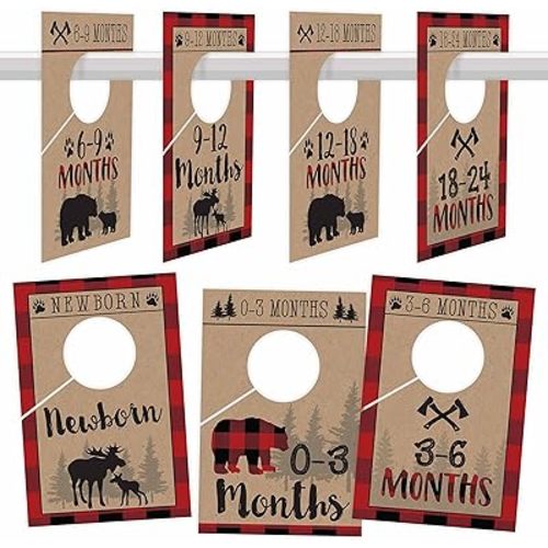 Hadley Designs 7 Lumberjack Baby Nursery Closet Organizer Dividers for Boy Clothing, Age Size Hanger Organization for Kid Toddler Infant Clothes Must Have, Shower Registry Gift, Woodland 0-24 Months