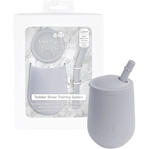 ezpz Mini Cup + Straw Training System - 9 Months+ (Pewter) - 100% Silicone Training Cup for Infants + Toddlers - Designed by a Pediatric Feeding Specialist