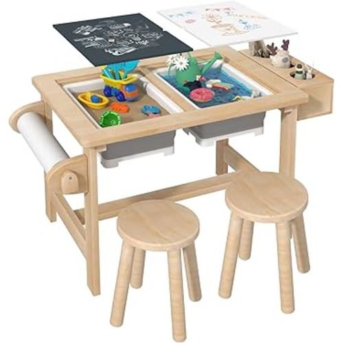 Sensory Table for Toddlers, Kids Table with 2 Storage Bins, Multifunction Toddler Activity Table, Wooden Play Table for Kids, Sand and Water Table with Writable Lids
