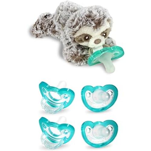 RaZbaby Sloth RaZbuddy Jollypop with 4 Added 0-3M Pacifiers (Teal, 4 Count), Pacifier Plush Holder w/Removable Baby Pacifier - BPA Free