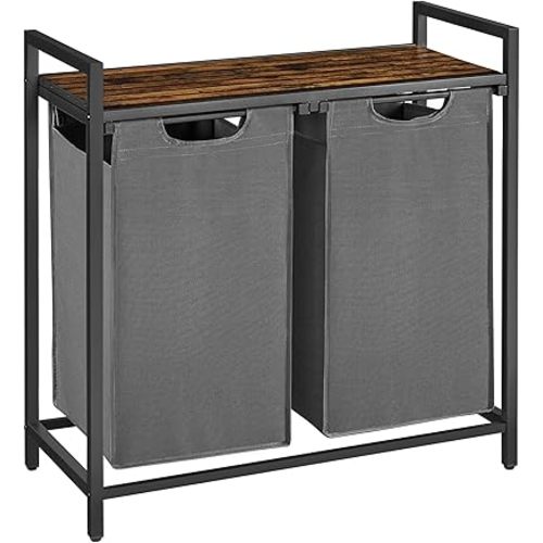 VASAGLE Laundry Hamper, Laundry Basket, Laundry Sorter with 2 Pull-Out and Removable Bags, Shelf, Metal Frame, 2 x 12.1 Gallons (46L), 28.8 x 13 x 28.4 Inches, Rustic Brown and Gray UBLH201G01