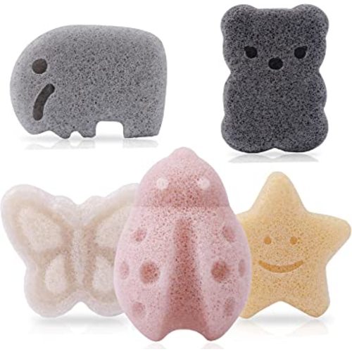 KECUCO Konjac Baby Sponge for Bathing, Natural Kids Bath Sponges for Infants, Toddler Bath Time, Cute Shapes Natural and Safe Plant-Based Konjac Baby Bath Accessories, 5pcs - Set 1