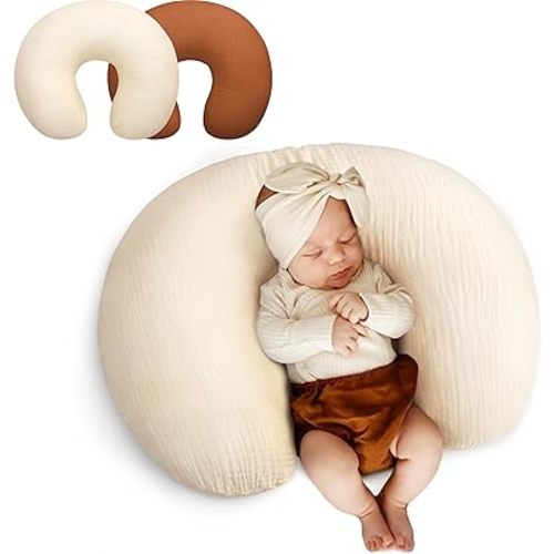 Pro Goleem Muslin Nursing Pillow Cover, 100% Cotton Soft Breathable Feeding Pillow Slipcover for Breastfeeding Moms, Fits Standard Infant Nursing Pillow, for Boys and Girls, 2 Pack (Brown＆Beige)