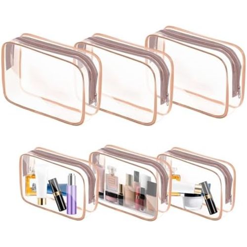 AURUZA 6 Pack Travel Toiletry Bag, Clear Makeup Bag, TSA Approved Cosmetic Bag with Zipper, Clear Organizer Carry on Bag for Women, PVC Cosmetic Pouch (Rose Pink, 6 Packs)