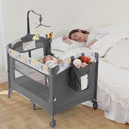 Ihoming Baby Bassinet Bedside Sleeper Baby Crib, Pack and Play with Bassinet and Changing Table, Portable Playpen with Toys, Mattress for Girl Boy Infant Newborn Gray