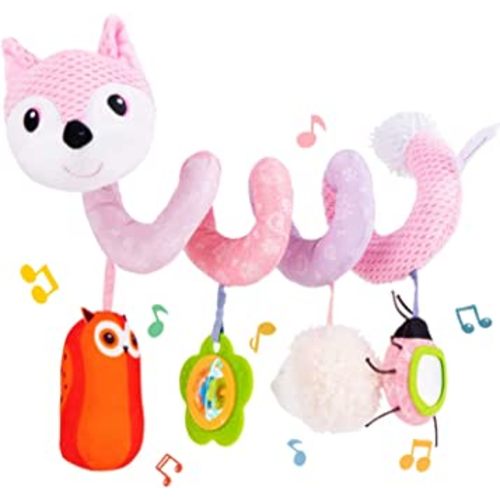 Koty Car Seat Toys, Infant Baby Spiral Plush Activity Hanging Toy for Stroller Bar Pram Crib with Music Box BB Squeaker & Rattles(Pink Fox)