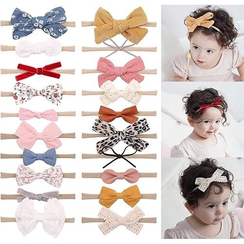 doboi 20PCS Baby Girls Hair Bows Headbands Soft Nylon Hairbands Elastic Hair Accessories for Newborns Infants Toddlers and Kids