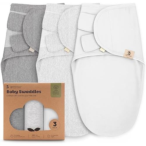 Sweety Fox 3-Pack Organic Baby Swaddle Sleep Sacks - Swaddles for Newborns, Infant 0-3 Months, Baby Girls, Boys, Soft & Snug Newborn Sleep Sack, Nursery Swaddling Blankets, Velcro Closure (Mist)