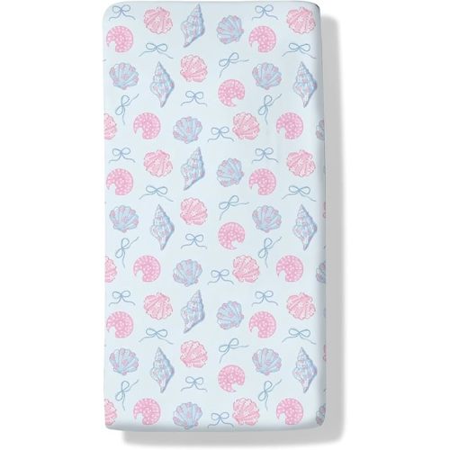 Pink Blue Coastal Ocean Baby Boys Girls Crib Sheets Summer Starfish Seashells Bows Beach Baby Sheet Sea Ocean Fitted Crib Mattress Cover for Standard Crib & Toddler Bed Mattress 28"x52"