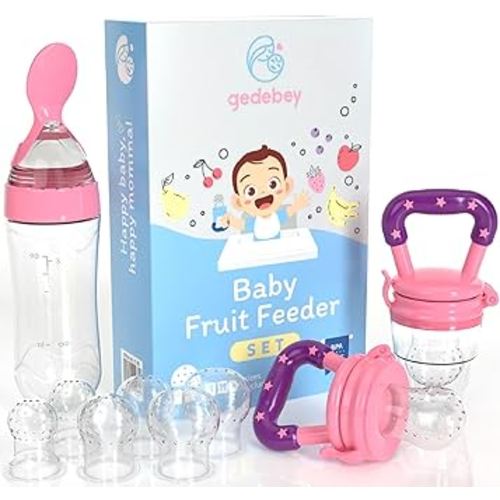 Baby Fruit Food Pacifier Feeder -2 Pack Silicone Baby Feeder Pacifiers | Baby Mesh Feeder | Silicone Teether Feeder | Feeding Pacifier for Babies | Baby Fruit Teethers (Pink 3 Pack with Bottle)