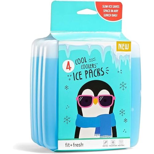 Cool Coolers by Fit + Fresh, 4 Pack Slim Ice Packs, Space Saving Reusable Ice Packs for Lunch Boxes or Coolers, Blue, Single Pack