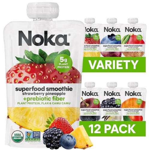 Noka Superfood Fruit Smoothie Pouches Variety Pack, Healthy Snacks with Flax Seed, Plant Protein and Prebiotic Fiber, Vegan and Gluten Free Snacks, Made in USA, Organic Squeeze Pouch, 4.22 oz, 12 Count