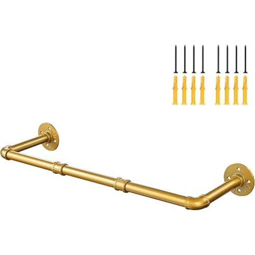 Industrial Gold Pipe Clothing Rack, Wall Ceiling Mounted Clothes Garment Rack 30'', Iron Golden Pipe Clothes Hanging Bar, Heavy Duty Metal Rod for Retail Display Closet Storage