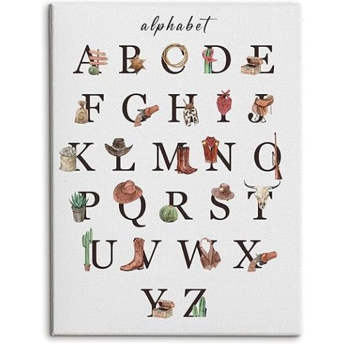 HRQKO Western Alphabet Canvas Wall Art, Western Nursery Framed Art, Kids Room Decor, Alphabet Educational Posters Wall Decor for Classroom Toddler Kids Nursery Bedroom Playroom, 11x14 inch