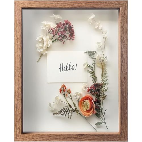 FrameWorks 11” x 14” Golden Oak Wooden Shadow Box Frame – Display Case with Soft Felt Back, Memory Box with Tempered Glass, Display Box with Elegant White Ball Push Pins, Wooden Flower Box