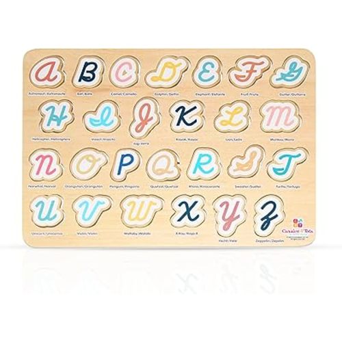 Wooden Cursive Alphabet Puzzle for Kids - Bilingual English/Spanish - Montessori Toy for Early Learning - Fine Motor Skills Educational Toy