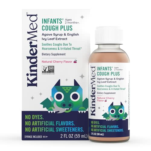 KinderMed Infants' Daytime Cough Plus, Organic Agave Syrup and English Ivy Leaf Extract, No Dyes, No Artificial Flavors or Sweeteners, Non-GMO, for Babies 2 Months+, Natural Cherry Flavor (2 Fl Oz)