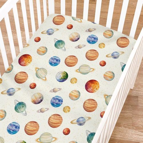Watercolor Planets Baby Crib Sheets for Boy Girl 52"x28" Outer Space Crib Mattress Covers Universe Planets Soft Breathable Snug Fitted Baby Sheets for Standard Crib and Toddler Bed Mattresses