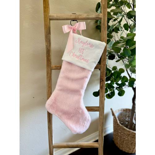 Embroidered Christmas Stocking Baby Girls First Christmas, Custom Baby Pink Christmas Stocking