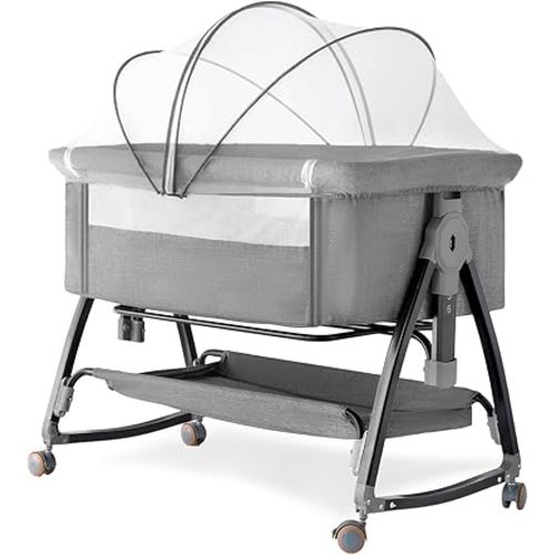 Bedside Crib, 3 in 1 Bassinet with Quick Height Adjustment and Mosquito Nets, Easy to Fold, Portable Beside Bassinet with Golden Triangle Structure, CPSC Certification（Deep Grey）